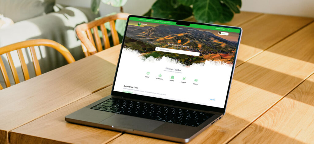 QuaQua virtual travel platform on tablet — 360° destination view