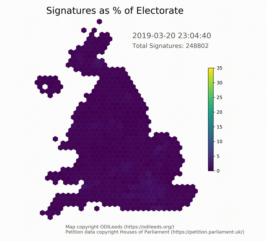 Hexbin Map: Geographical representation of signatures as percentages in an electorate.